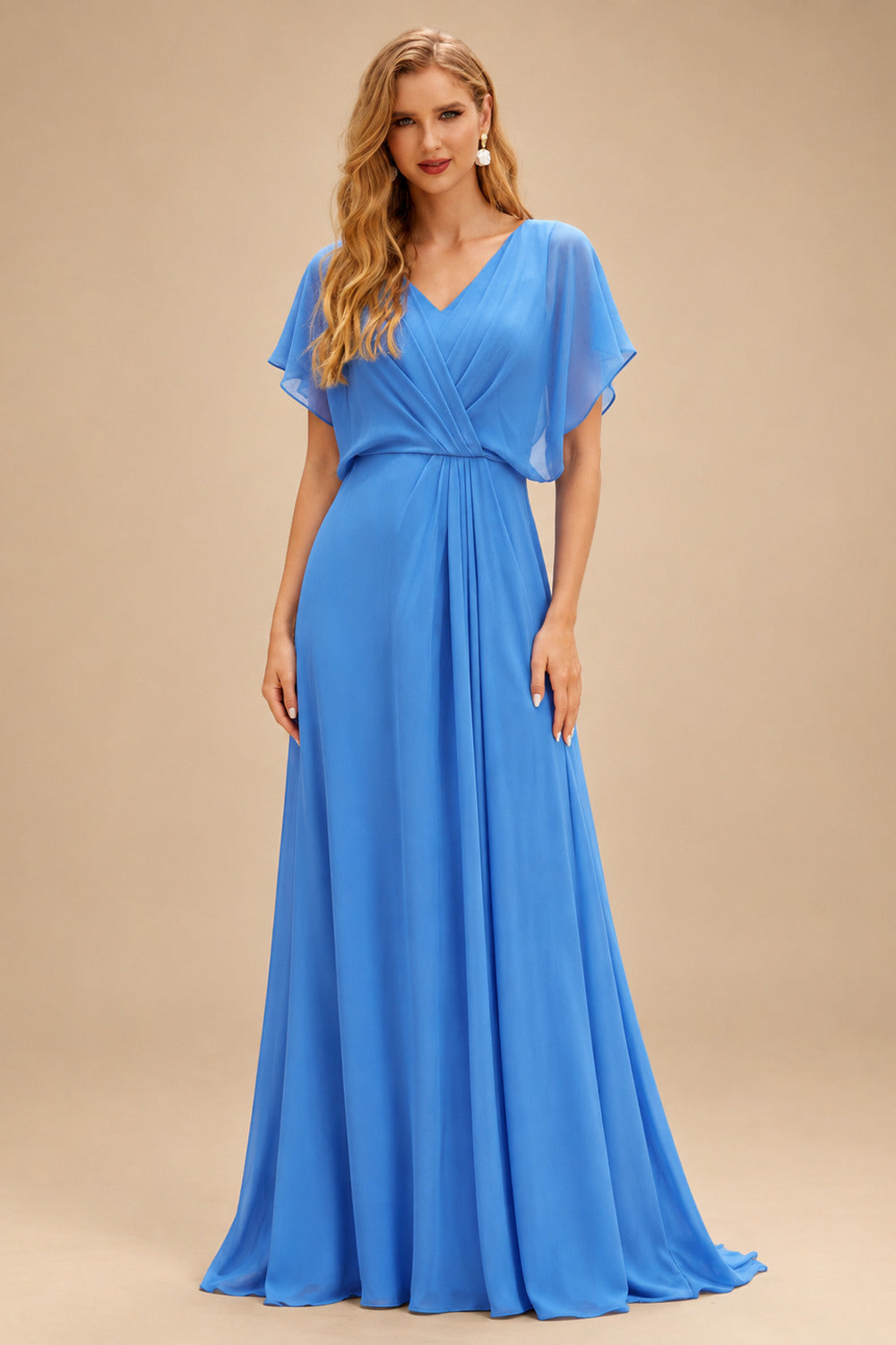 Rutipo Ocean Blue Shiny Satin Fitted Cowl Neck Sweep Train Slit Prom Dress with Side Drape