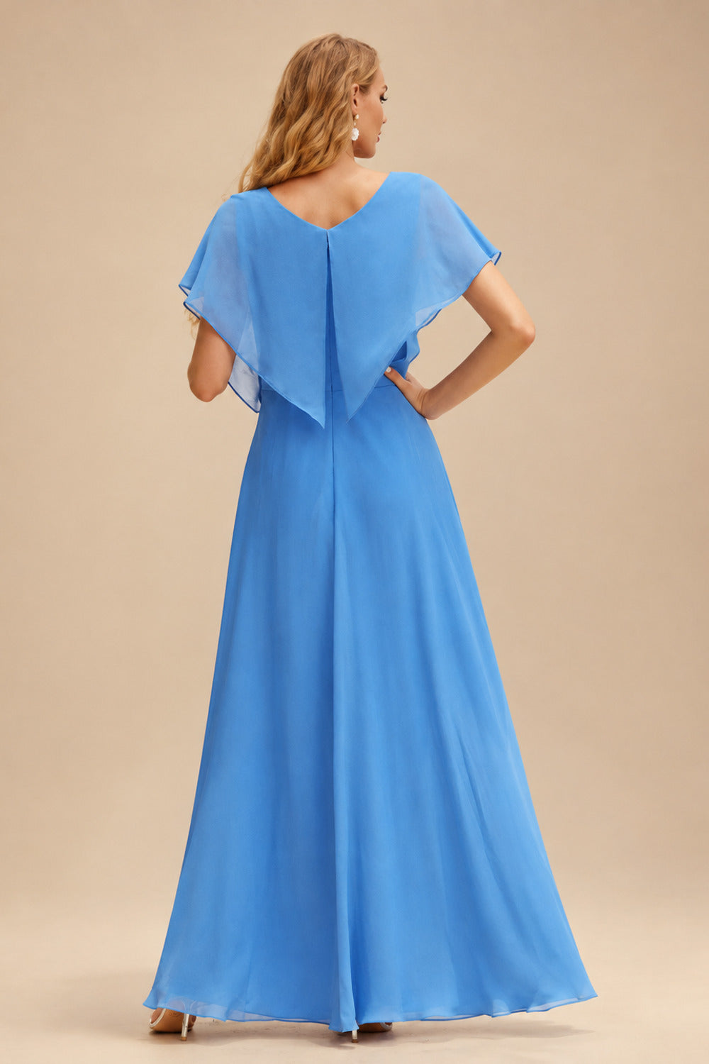 Rutipo Ocean Blue Shiny Satin Fitted Cowl Neck Sweep Train Slit Prom Dress with Side Drape