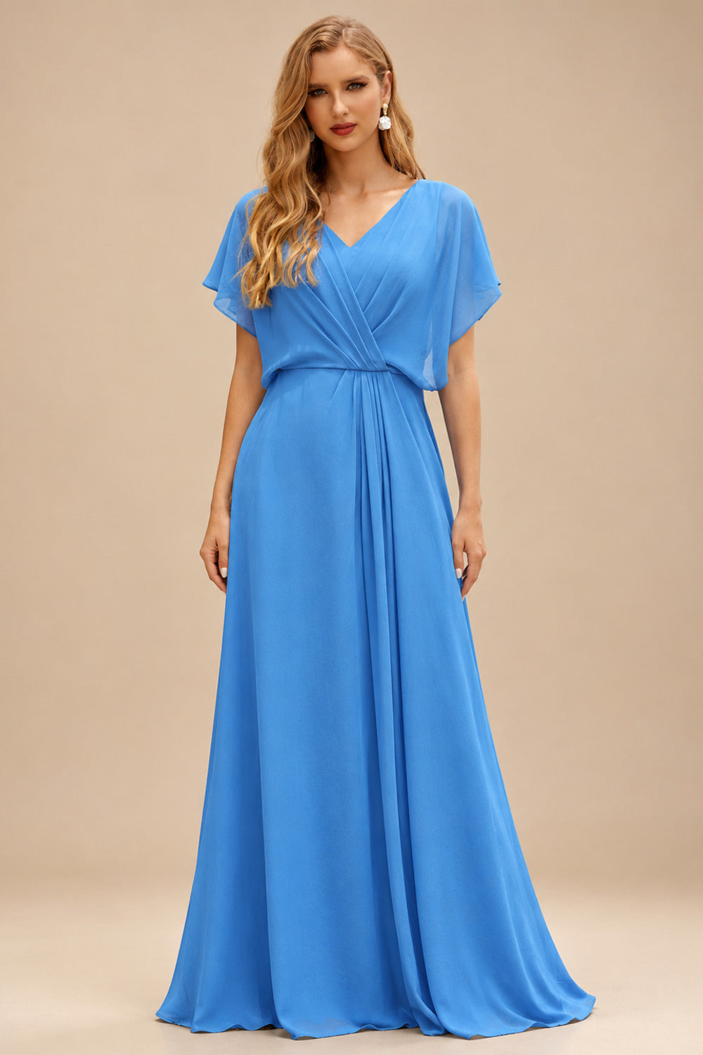 Rutipo Ocean Blue Shiny Satin Fitted Cowl Neck Sweep Train Slit Prom Dress with Side Drape