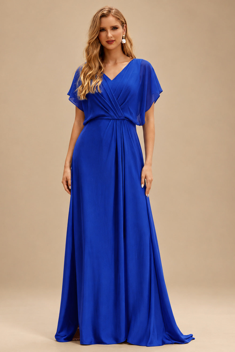 Rutipo Royal Blue Shiny Satin Fitted Cowl Neck Sweep Train Slit Prom Dress with Side Drape