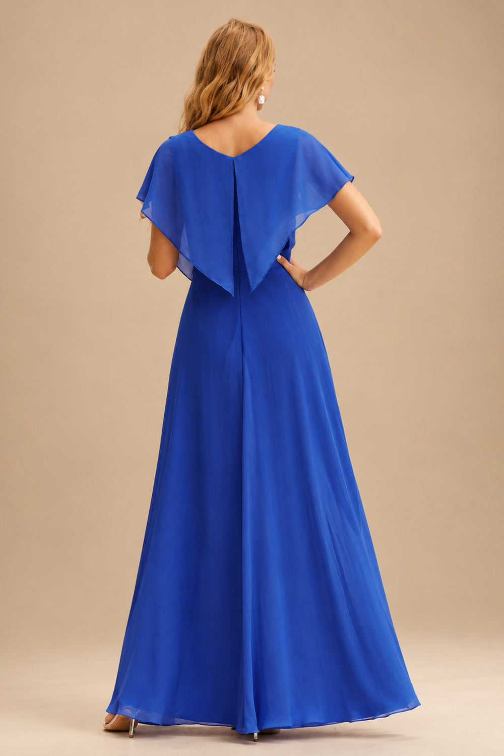 Rutipo Royal Blue Shiny Satin Fitted Cowl Neck Sweep Train Slit Prom Dress with Side Drape