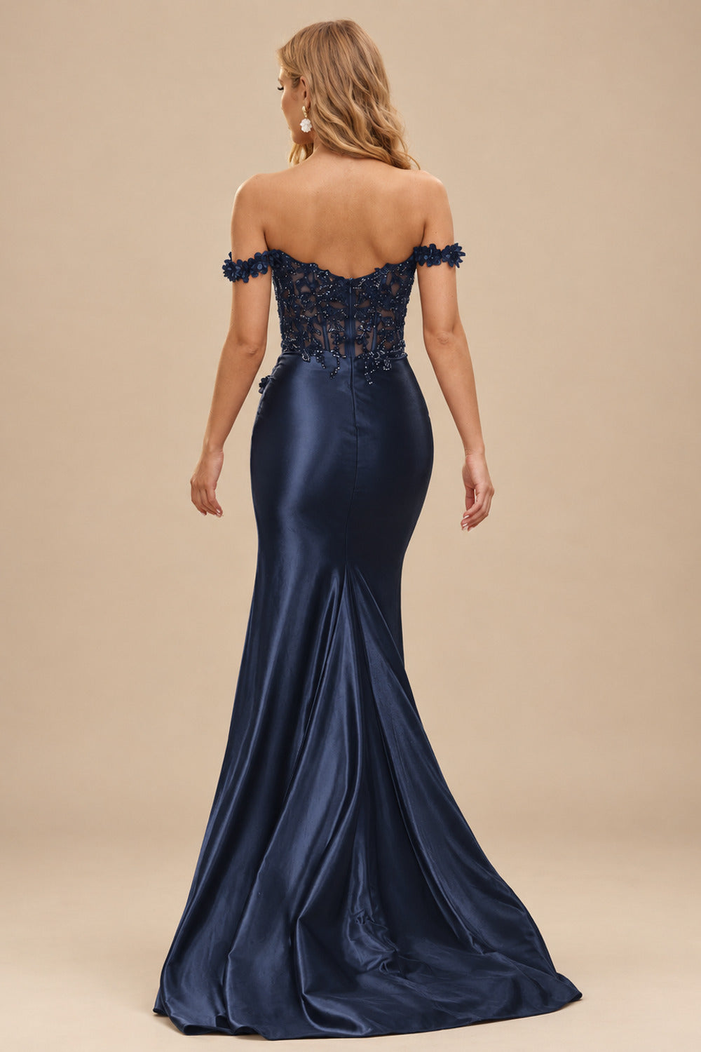 Rutipo Dark Navy Mermaid Off-the-Shoulder Floral Corset Fitted Slit Prom Dress