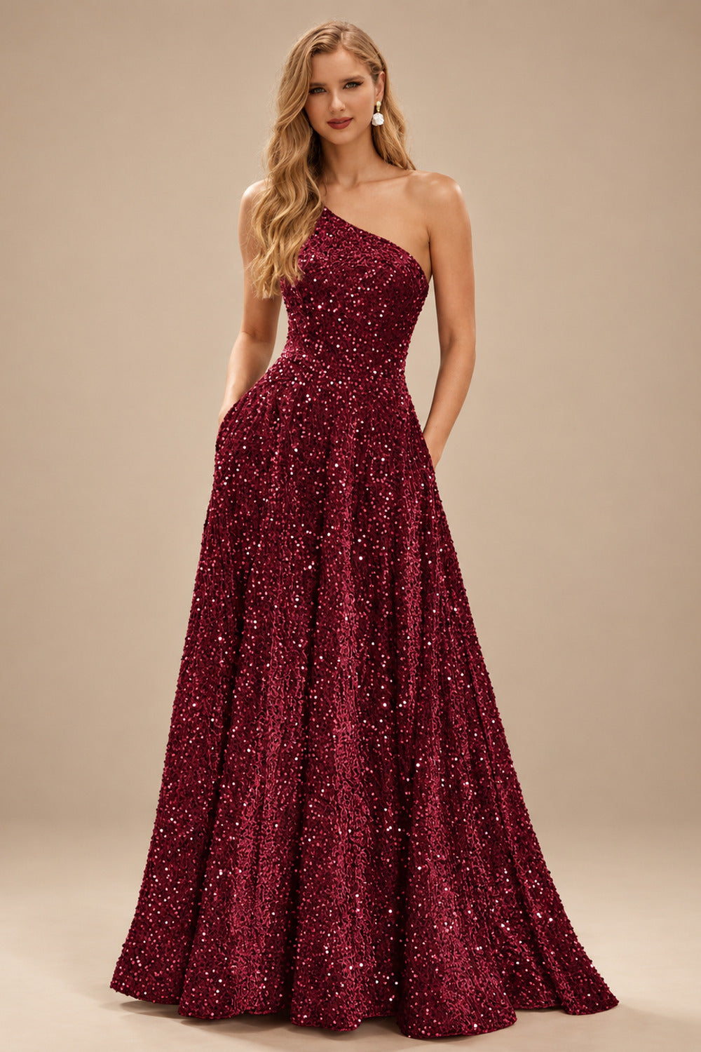 Rutipo Burgundy A-line One-Shoulder Velvet Sequins Floor-Length Prom Dress with Pockets