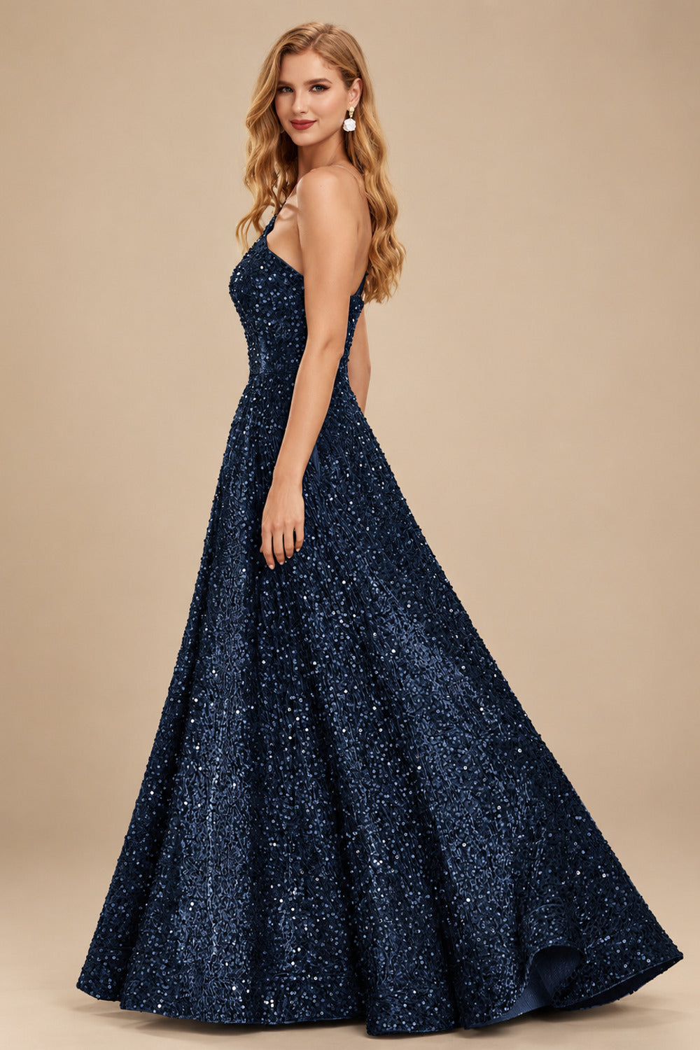 Rutipo Dark Navy A-line One-Shoulder Velvet Sequins Floor-Length Prom Dress with Pockets