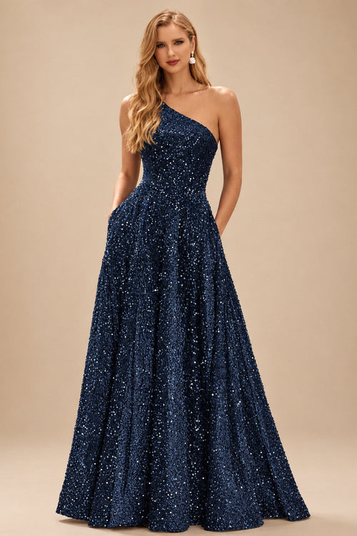 Rutipo Dark Navy A-line One-Shoulder Velvet Sequins Floor-Length Prom Dress with Pockets