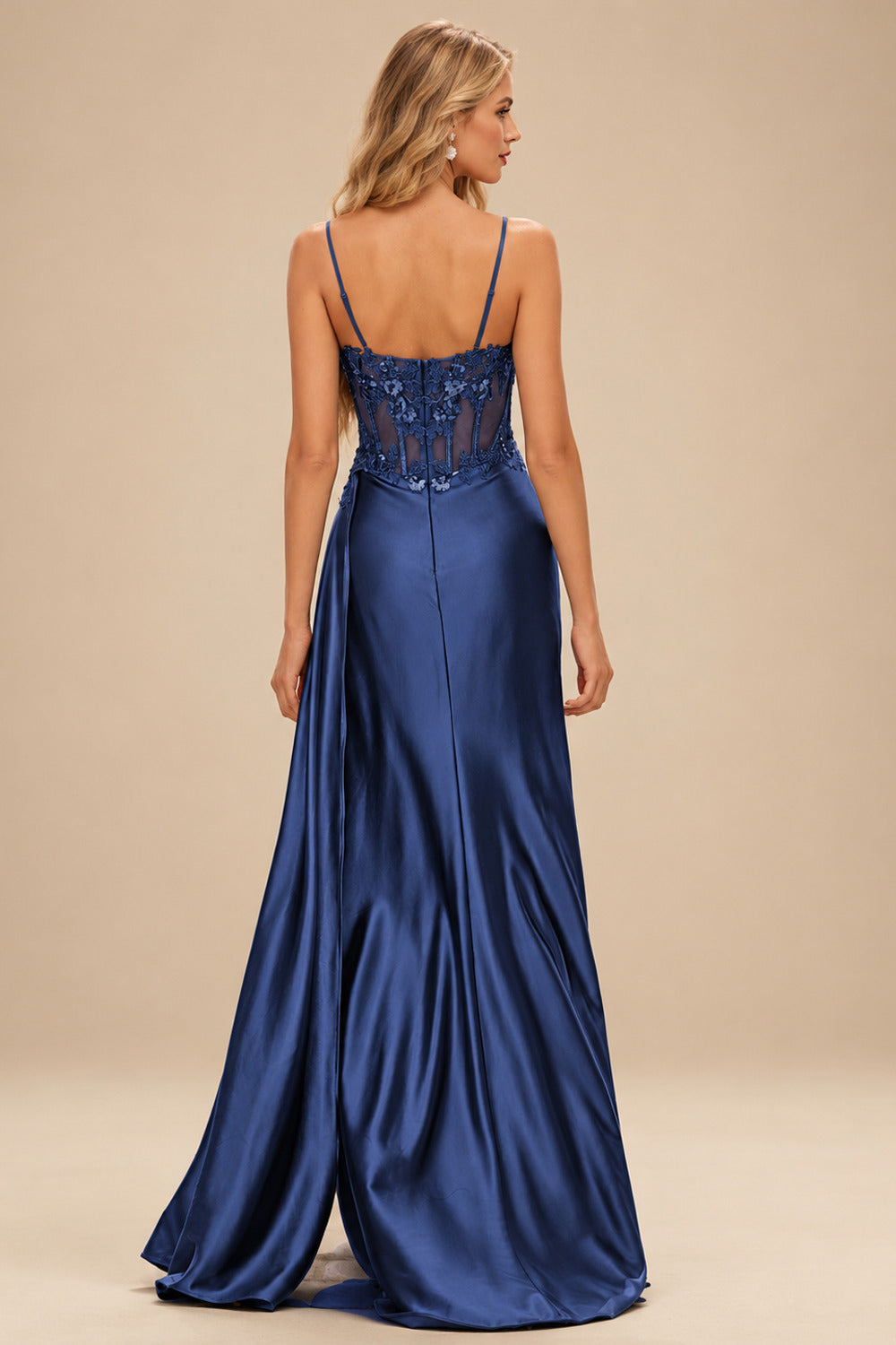 Rutipo Navy Blue Fitted Applique V Neck Silk like Satin Corset Slit Prom Dress with Side Draping