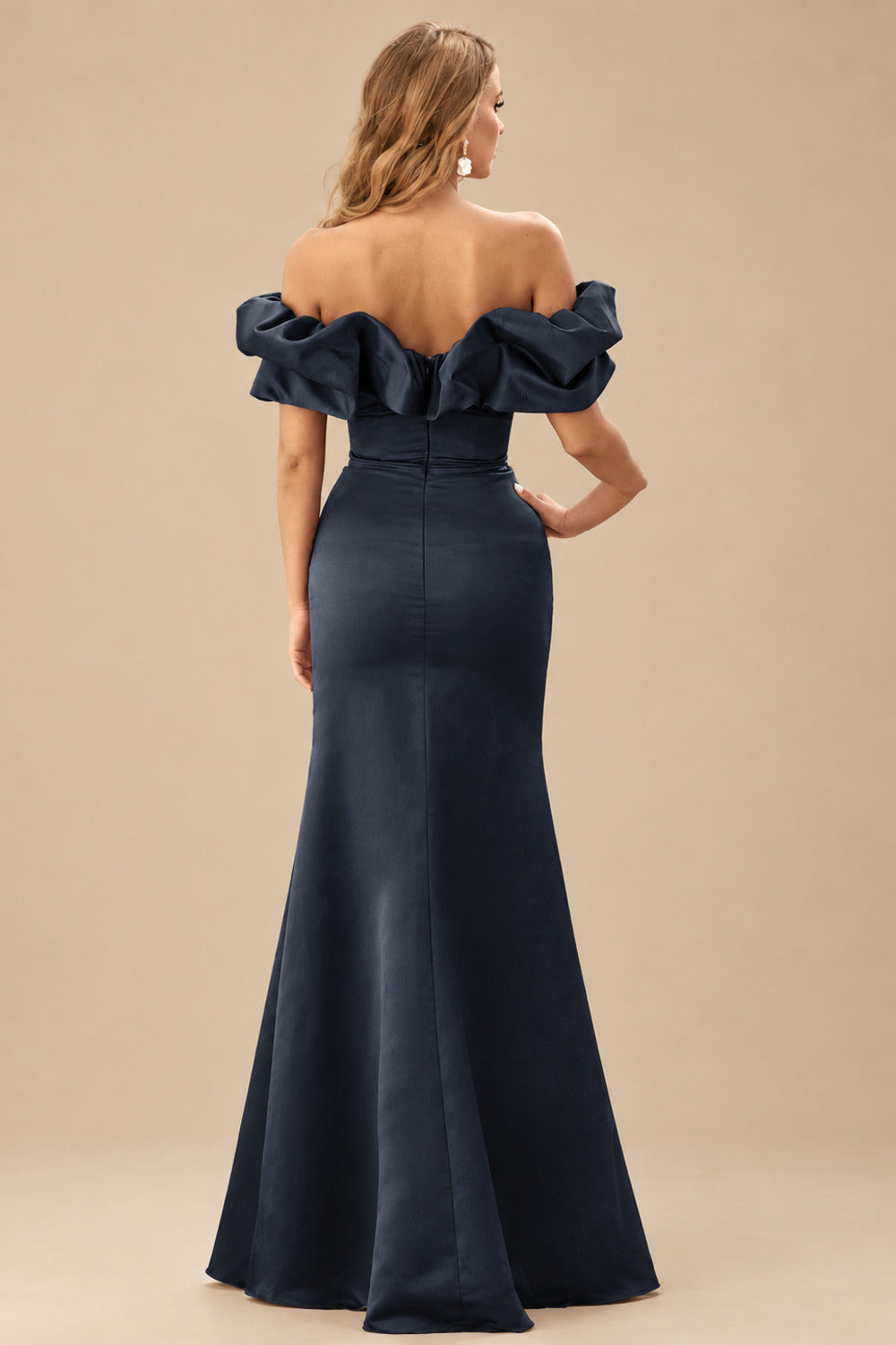 Rutipo Dark Navy Fitted Ruffled Off-the-Shoulder Cap Sleeves Satin Slit Long Prom Dress