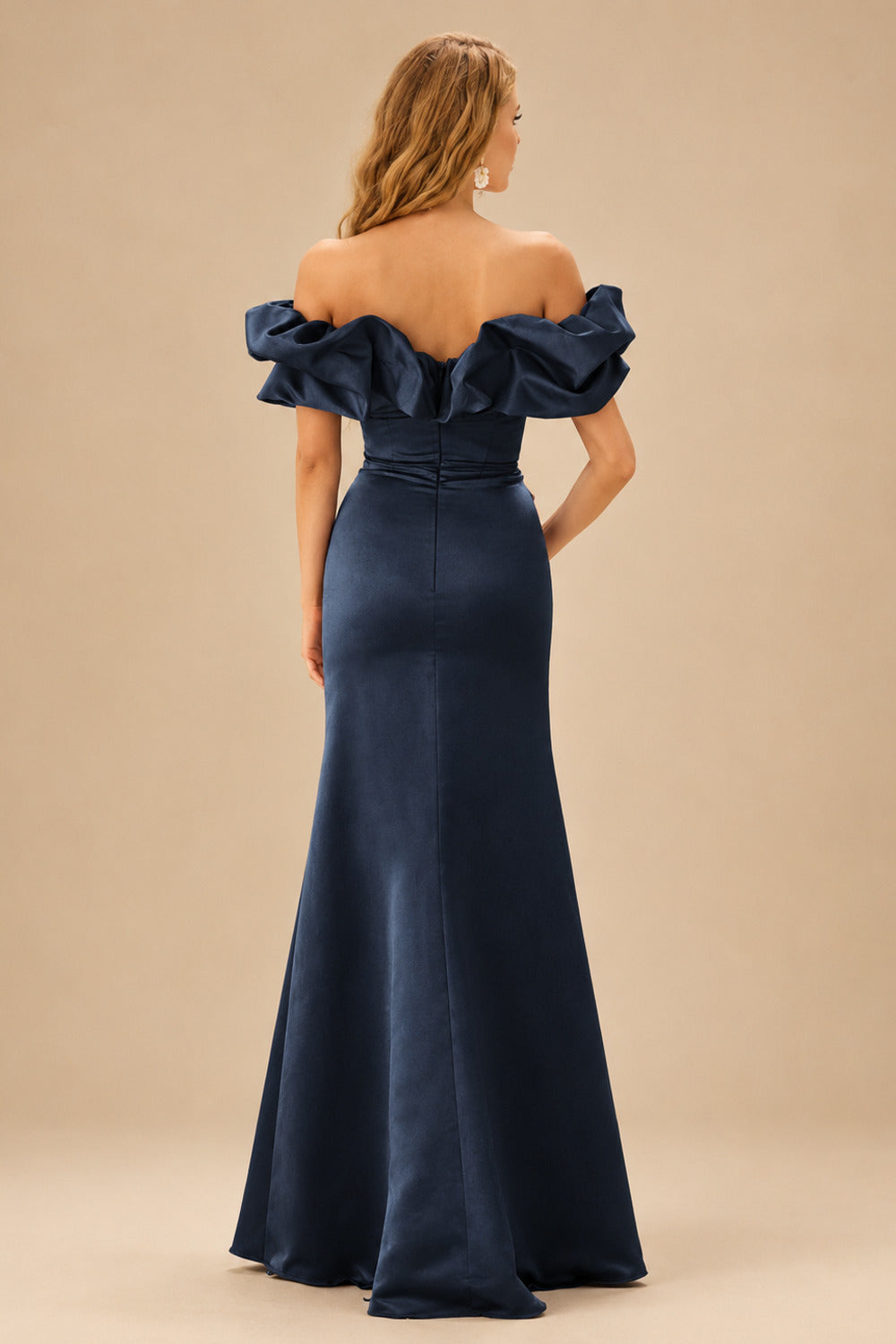 Rutipo Dark Navy Fitted Ruffled Off-the-Shoulder Cap Sleeves Satin Slit Long Prom Dress