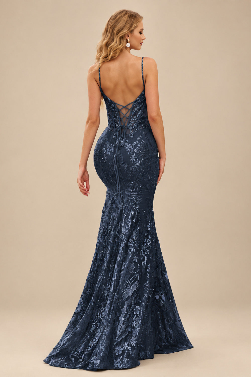 Rutipo Dark Navy Mermaid V Neck Sheer-Corset Long Glitter-Print Prom Dress