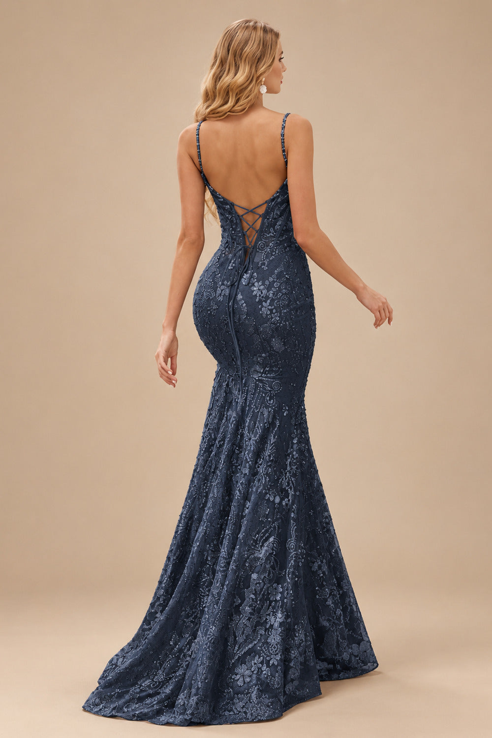 Rutipo Dark Navy Mermaid V Neck Sheer-Corset Long Glitter-Print Prom Dress