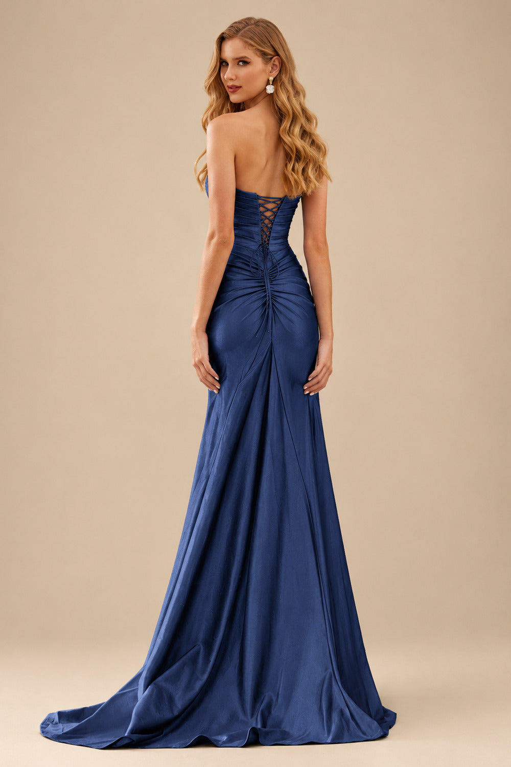 Rutipo Navy Blue Mermaid Strapless Silk like Satin Slit Prom Dress with Pleats Keyhole
