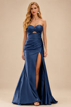 Rutipo Navy Blue Mermaid Strapless Silk like Satin Slit Prom Dress with Pleats Keyhole
