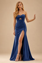 Rutipo Navy Blue Mermaid Strapless Silk like Satin Slit Prom Dress with Pleats Keyhole