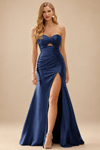 Rutipo Navy Blue Mermaid Strapless Silk like Satin Slit Prom Dress with Pleats Keyhole