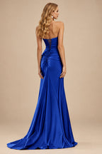 Rutipo Royal Blue Mermaid Strapless Silk like Satin Slit Prom Dress with Pleats Keyhole