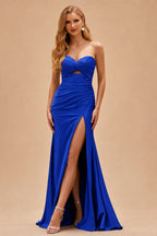 Rutipo Royal Blue Mermaid Strapless Silk like Satin Slit Prom Dress with Pleats Keyhole