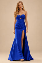 Rutipo Royal Blue Mermaid Strapless Silk like Satin Slit Prom Dress with Pleats Keyhole