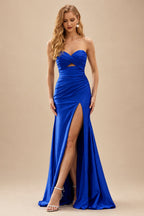 Rutipo Royal Blue Mermaid Strapless Silk like Satin Slit Prom Dress with Pleats Keyhole