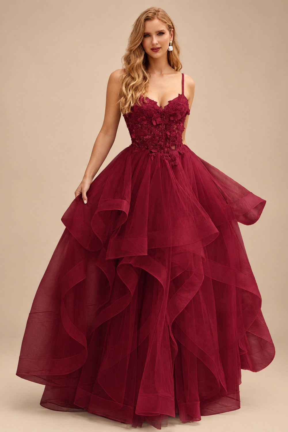 Rutipo Burgundy A-line V Neck Sheer Lace Corset Ruffle Prom Dress