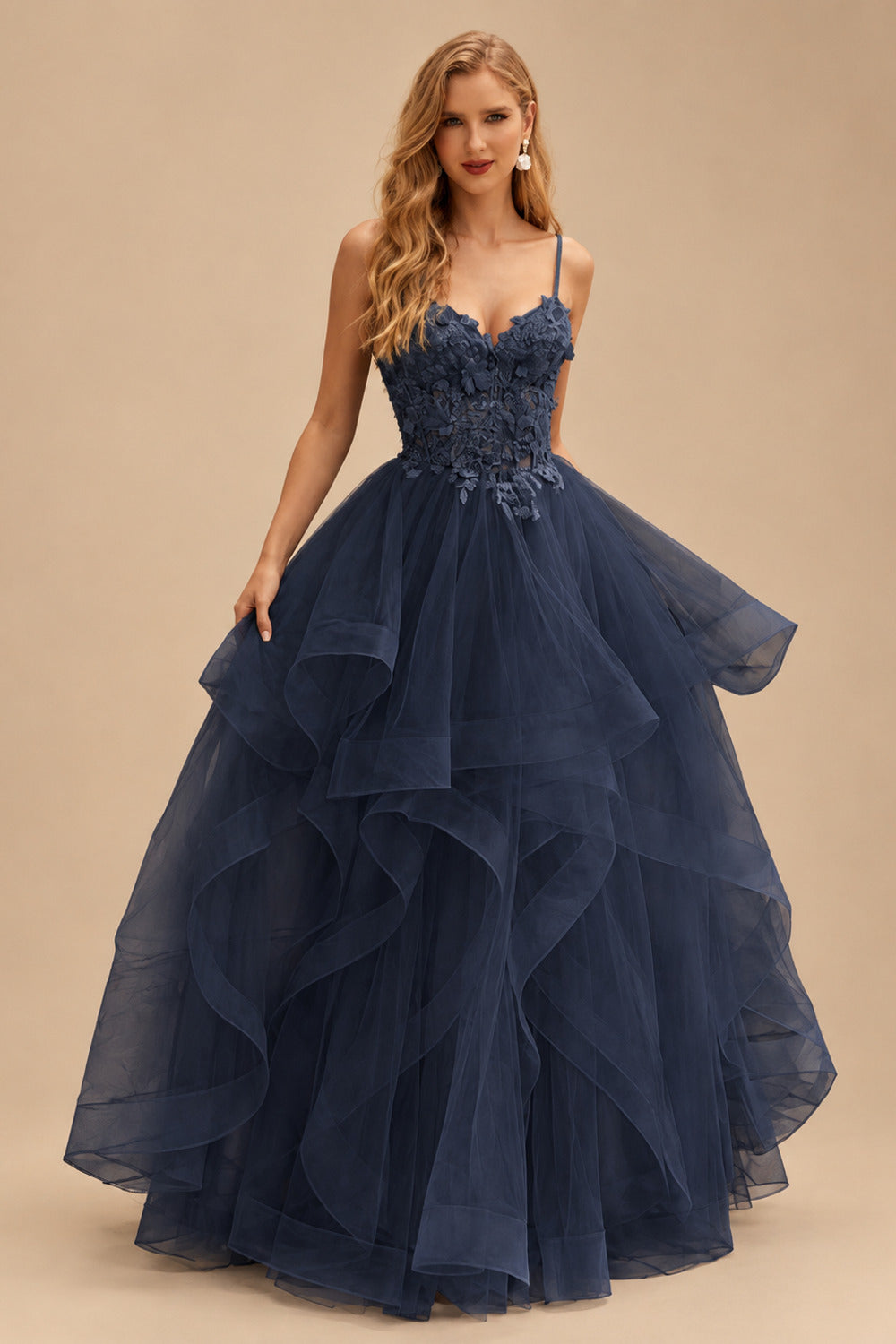 Rutipo Dark Navy A-line V Neck Sheer Lace Corset Ruffle Prom Dress