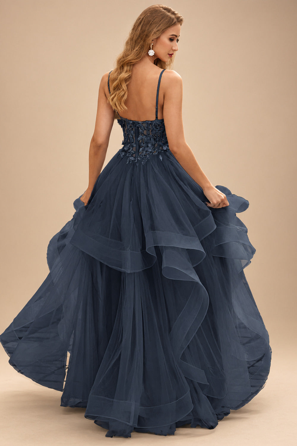 Rutipo Dark Navy A-line V Neck Sheer Lace Corset Ruffle Prom Dress