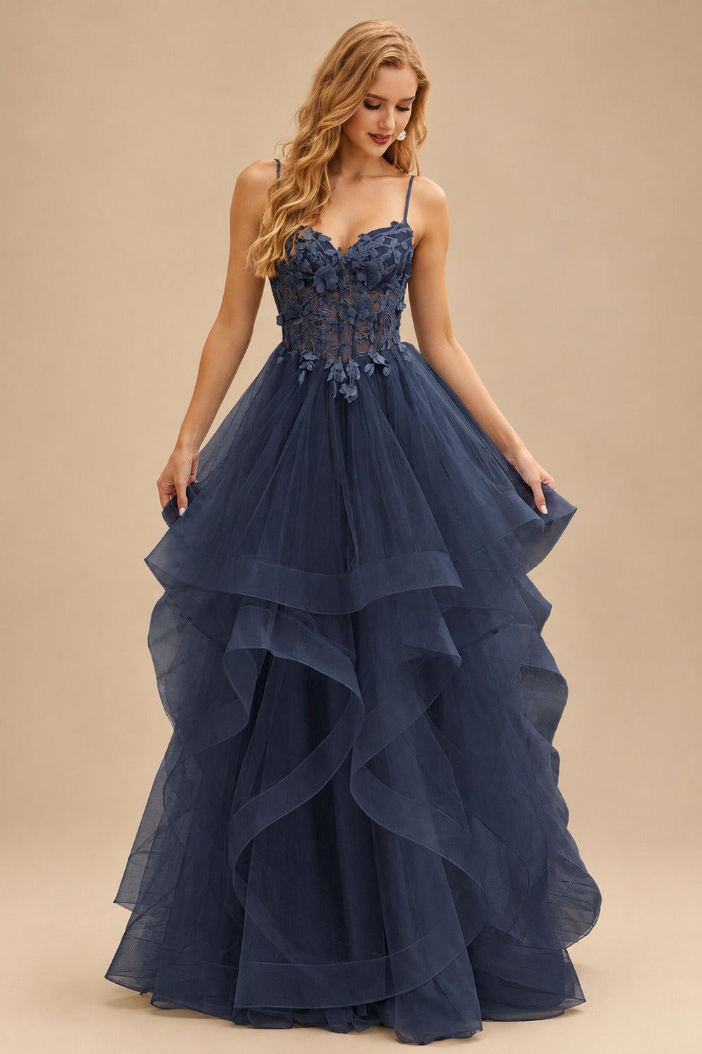 Rutipo Dark Navy A-line V Neck Sheer Lace Corset Ruffle Prom Dress