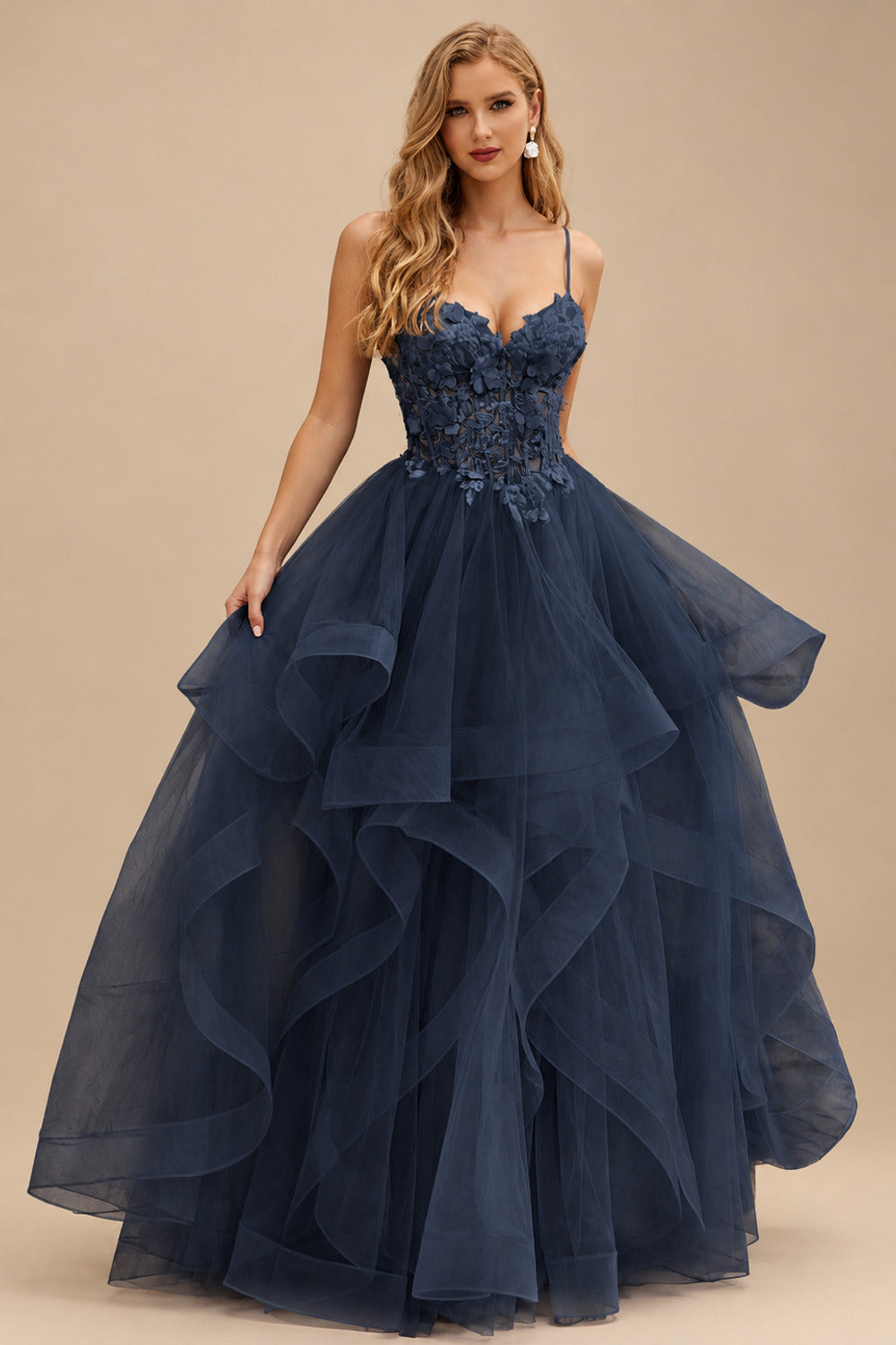 Rutipo Dark Navy A-line V Neck Sheer Lace Corset Ruffle Prom Dress