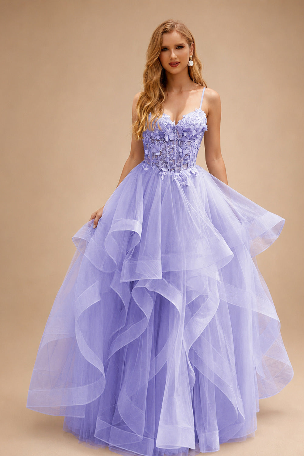 Rutipo Lavender A-line V Neck Sheer Lace Corset Ruffle Prom Dress