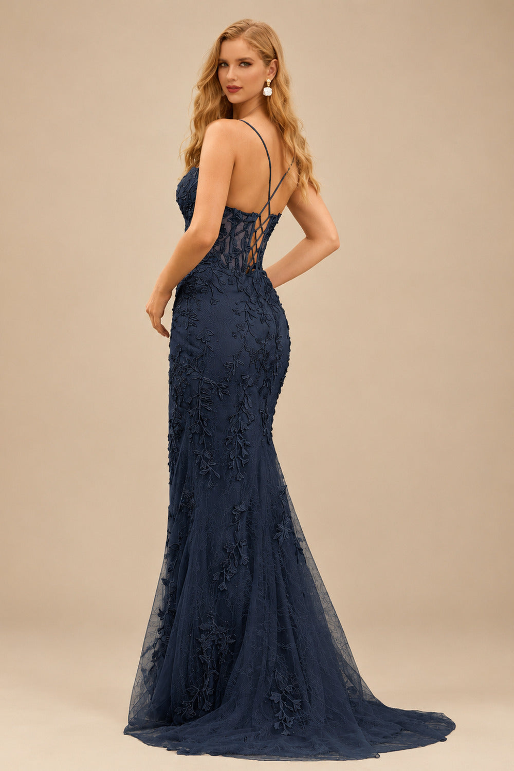 Rutipo Dark Navy Mermaid Fitted V Neck Beading Leaf Lace Corset Sweep Train Slit Prom Dress