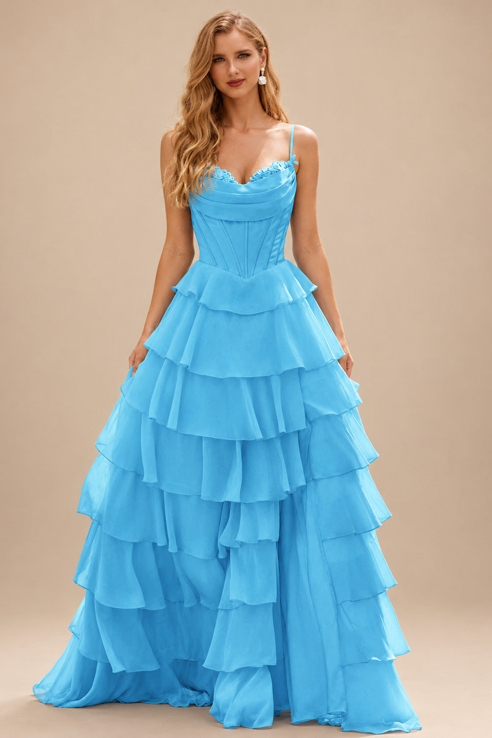 Rutipo Blue A-line Cowl Neck Chiffon Satin Layered Ruffle Prom Dress with Applique Slit