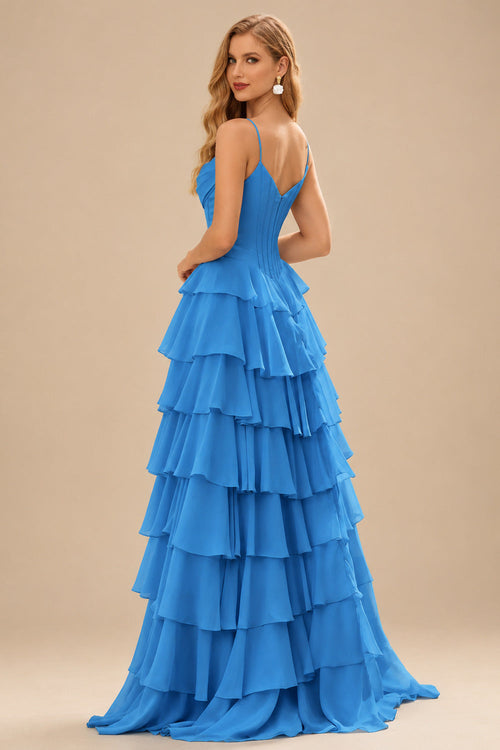Rutipo Ocean Blue A-line Cowl Neck Chiffon Satin Layered Ruffle Prom Dress with Applique Slit