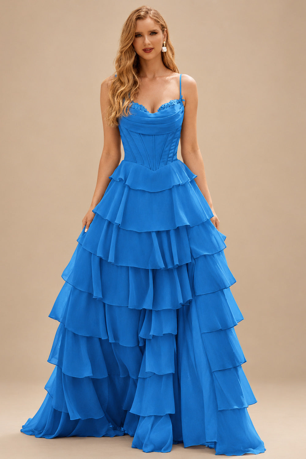 Rutipo Ocean Blue A-line Cowl Neck Chiffon Satin Layered Ruffle Prom Dress with Applique Slit