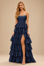 Rutipo Dark Navy A-line Square Neckline Strapless Corset Ruffle Slit Long Prom Dress with Beads