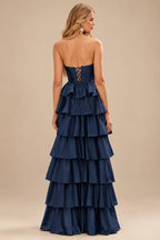 Rutipo Dark Navy A-line Square Neckline Strapless Corset Ruffle Slit Long Prom Dress with Beads