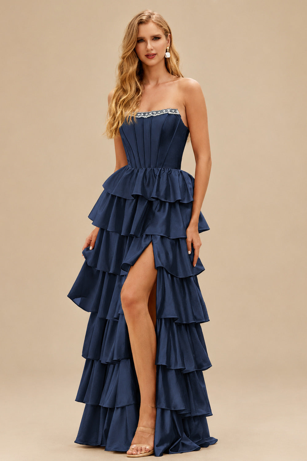Rutipo Dark Navy A-line Square Neckline Strapless Corset Ruffle Slit Long Prom Dress with Beads