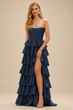 Rutipo Dark Navy A-line Square Neckline Strapless Corset Ruffle Slit Long Prom Dress with Beads