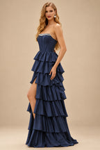 Rutipo Dark Navy A-line Square Neckline Strapless Corset Ruffle Slit Long Prom Dress with Beads