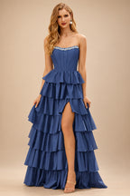 Rutipo Navy Blue A-line Square Neckline Strapless Corset Ruffle Slit Long Prom Dress with Beads