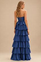 Rutipo Navy Blue A-line Square Neckline Strapless Corset Ruffle Slit Long Prom Dress with Beads
