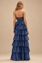 Rutipo Navy Blue A-line Square Neckline Strapless Corset Ruffle Slit Long Prom Dress with Beads