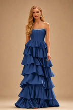 Rutipo Navy Blue A-line Square Neckline Strapless Corset Ruffle Slit Long Prom Dress with Beads