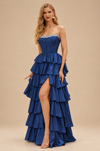 Rutipo Navy Blue A-line Square Neckline Strapless Corset Ruffle Slit Long Prom Dress with Beads