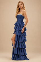 Rutipo Navy Blue A-line Square Neckline Strapless Corset Ruffle Slit Long Prom Dress with Beads