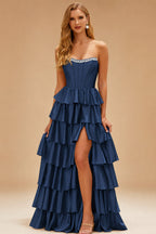Rutipo Navy Blue A-line Square Neckline Strapless Corset Ruffle Slit Long Prom Dress with Beads