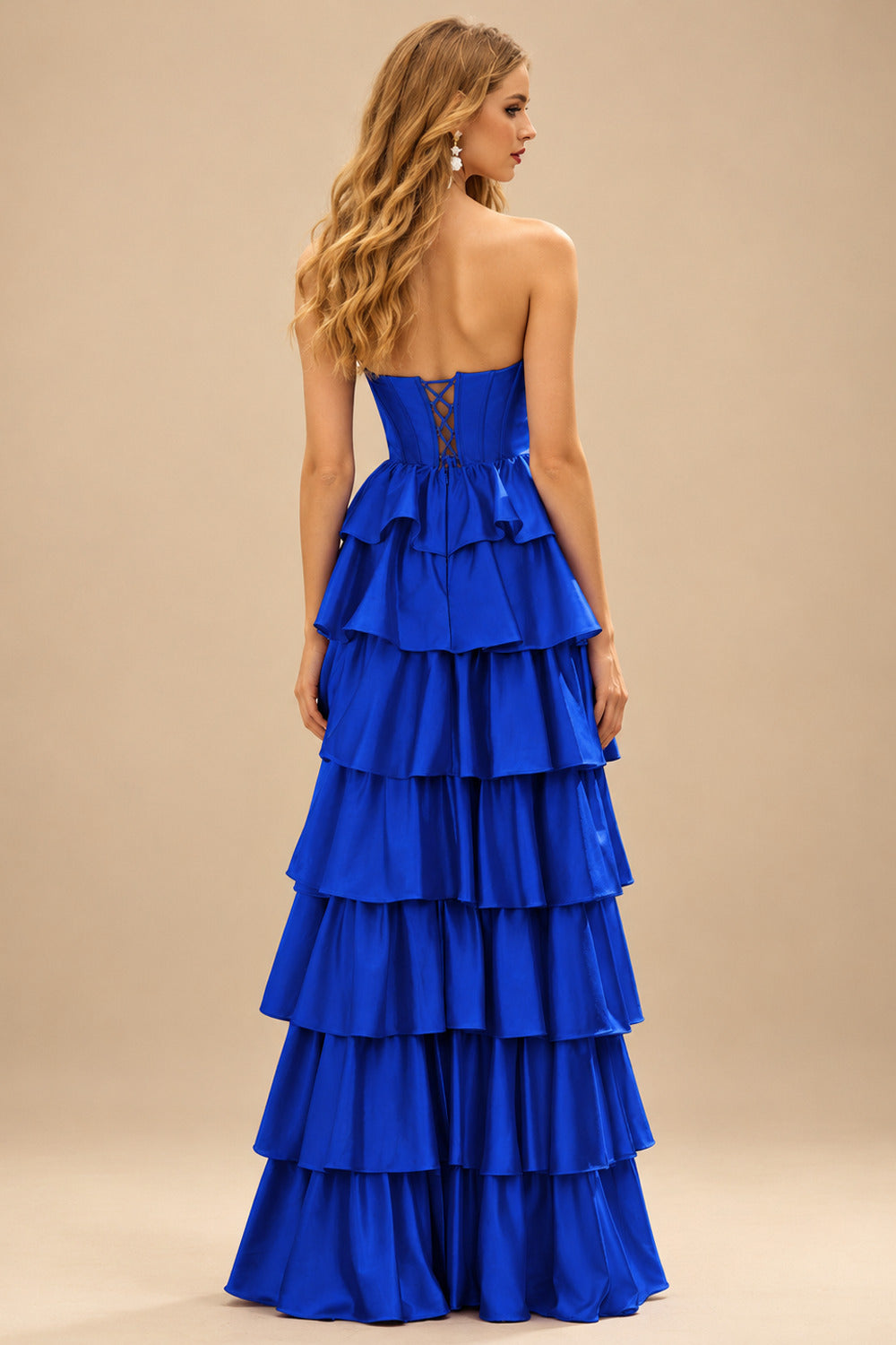 Rutipo Royal Blue A-line Square Neckline Strapless Corset Ruffle Slit Long Prom Dress with Beads