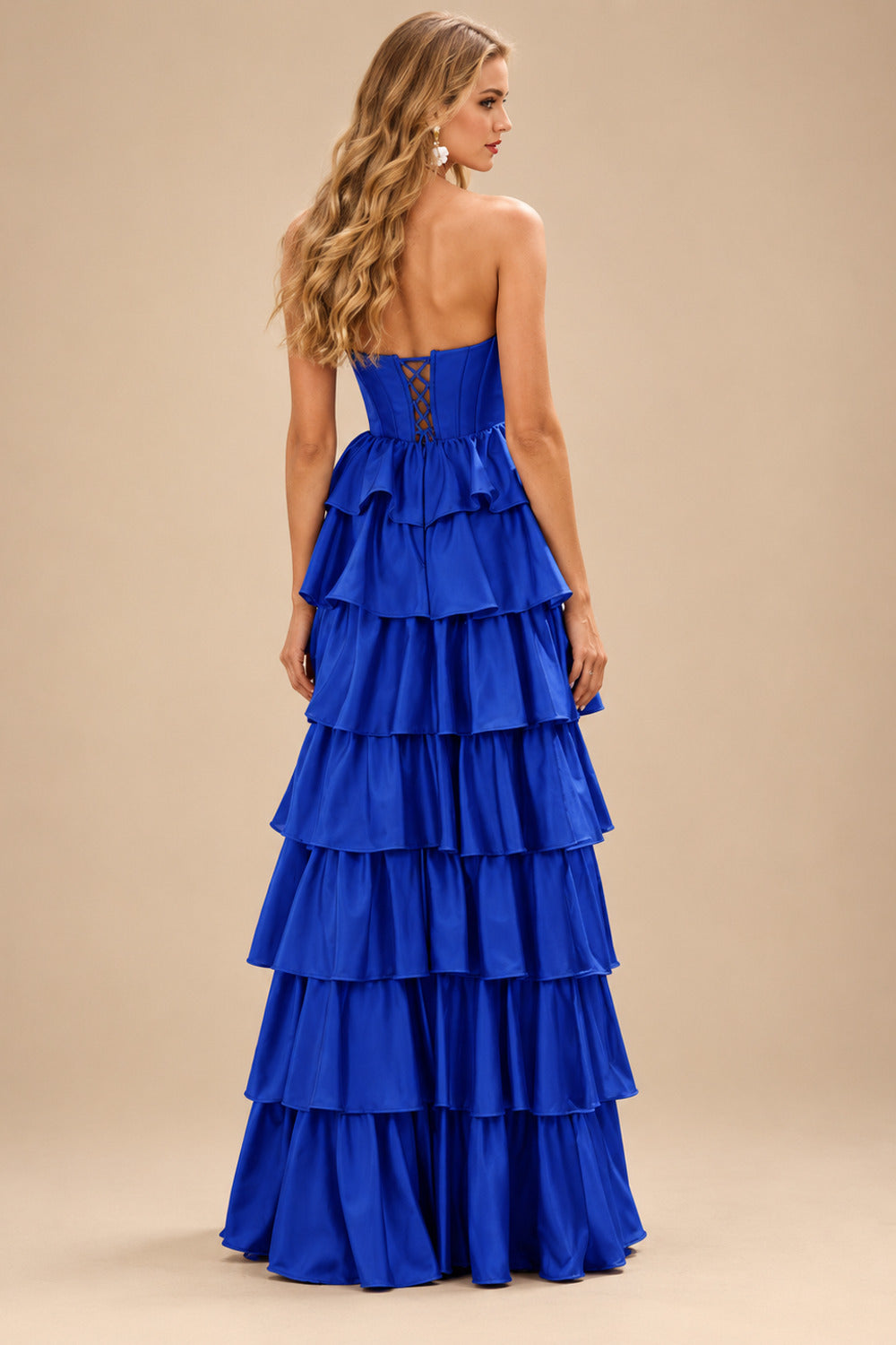 Rutipo Royal Blue A-line Square Neckline Strapless Corset Ruffle Slit Long Prom Dress with Beads
