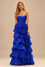 Rutipo Royal Blue A-line Square Neckline Strapless Corset Ruffle Slit Long Prom Dress with Beads