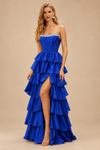 Rutipo Royal Blue A-line Square Neckline Strapless Corset Ruffle Slit Long Prom Dress with Beads