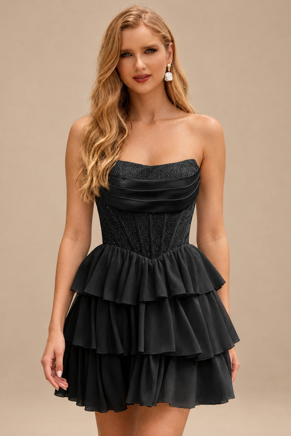 Rutipo Black A-line Strapless Tiered Ruffle Homecoming Dress with Beaded Ruching Corset
