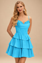 Rutipo Blue A-line Cowl Neck Tiered Flirty Ruffle Homecoming Dress